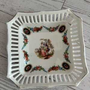 Bavarian Schumann pierced Porcelain trinket dish floral cottage couple Germany